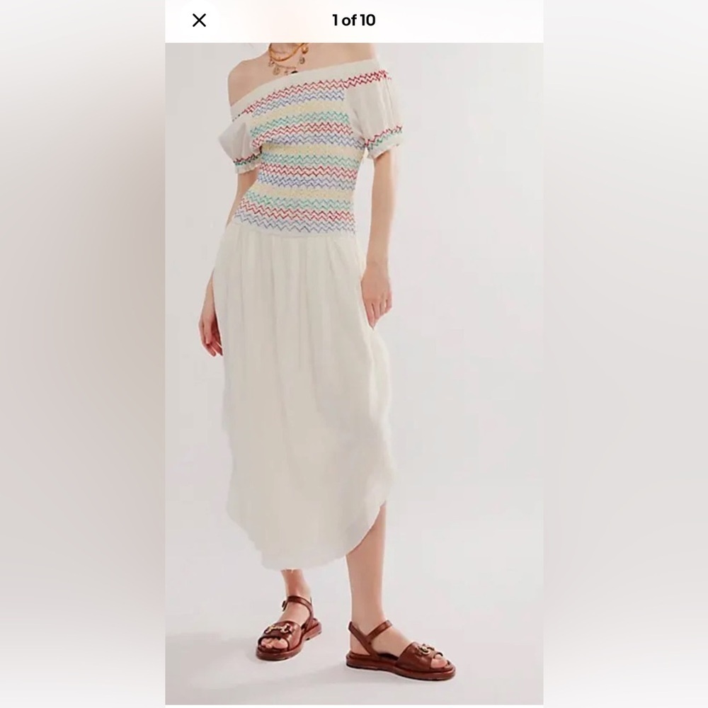 Free People White Combo Catch Me Embroidered Off Shoulder Midi Dress Medium